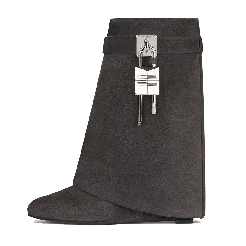 

Women's new small round head gray cashmere trouser tube metal buckle decoration and calf short boots