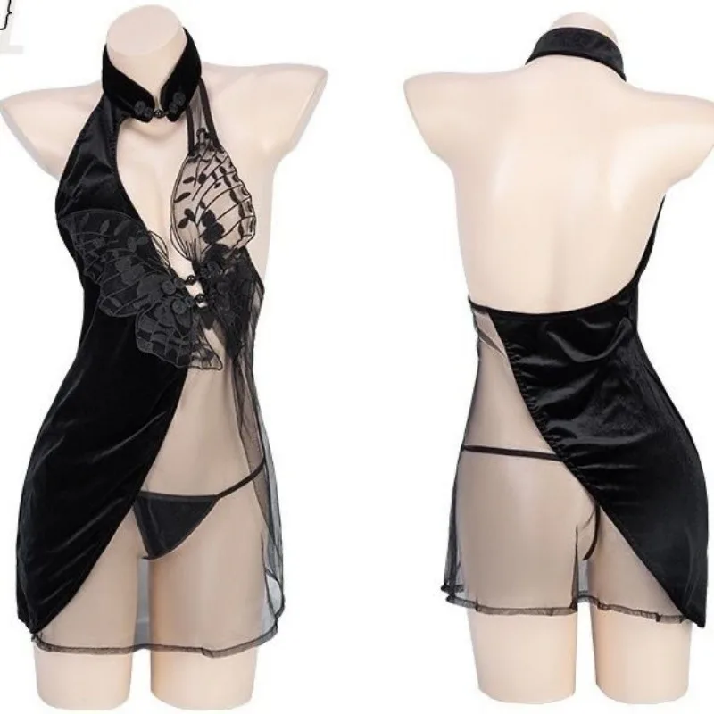 Black Vintage Stand Collar Butterfly Mini Dress Women Sexy Pajamas Loungewear Light Gowns Mesh Patchwork Nightgowns See-through