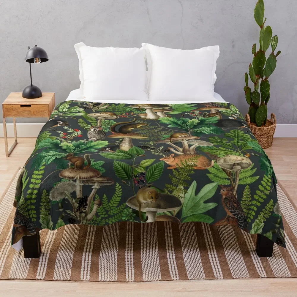 

Woodland Fairytale- Mushrooms And Wild Animals In Forest - Vintage Botanical Night Garden Pattern Throw Blanket Softest Blankets