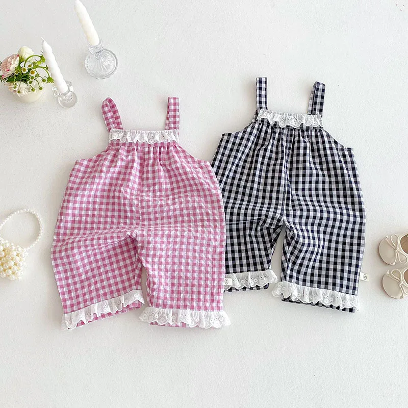 Girls Summer Grid Casual Pants with Lace Details