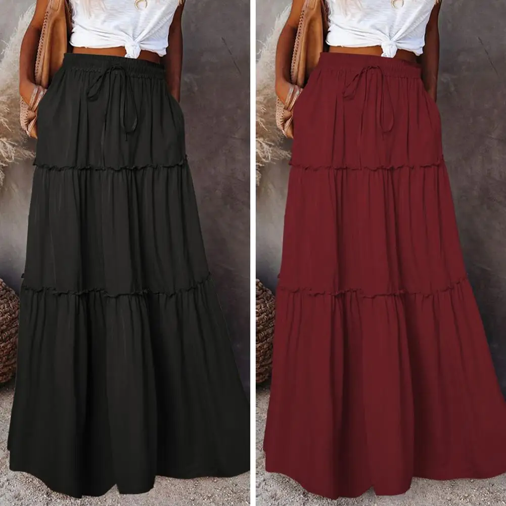 

Women High Waist Elastic Waistband Maxi Skirt Solid Color A-Line Solid Color Ruffle Stitching Party Long Skirt Streetwear