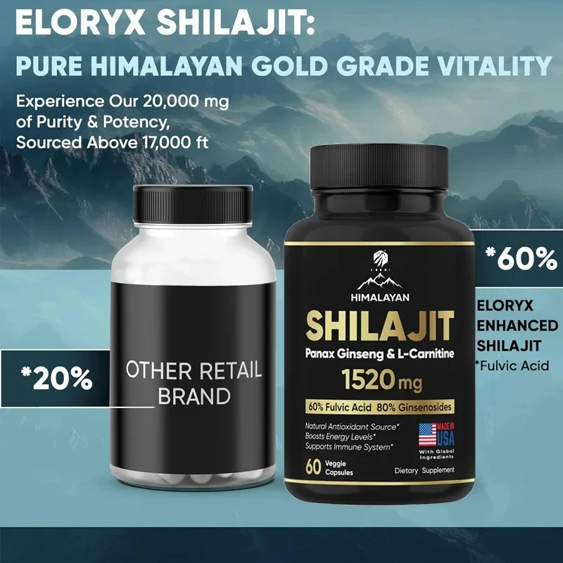 Shilajit Resin Supplements Pure Himalayan Shilajit Supplement 60 Capsules 60% Fulvic Acid 85 Trace Minerals Containing Ginseng and L-Carnitine