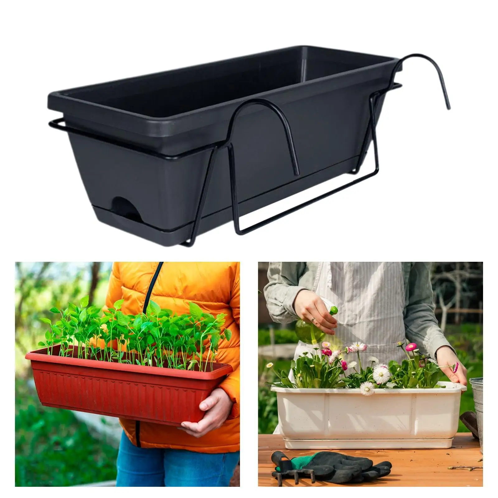 Hanging Flower Pot for Fence And Balcony, Flower Box, Flower Pot with Drainage Hole, Removable Tray, 43 X 19 X 15 Cm