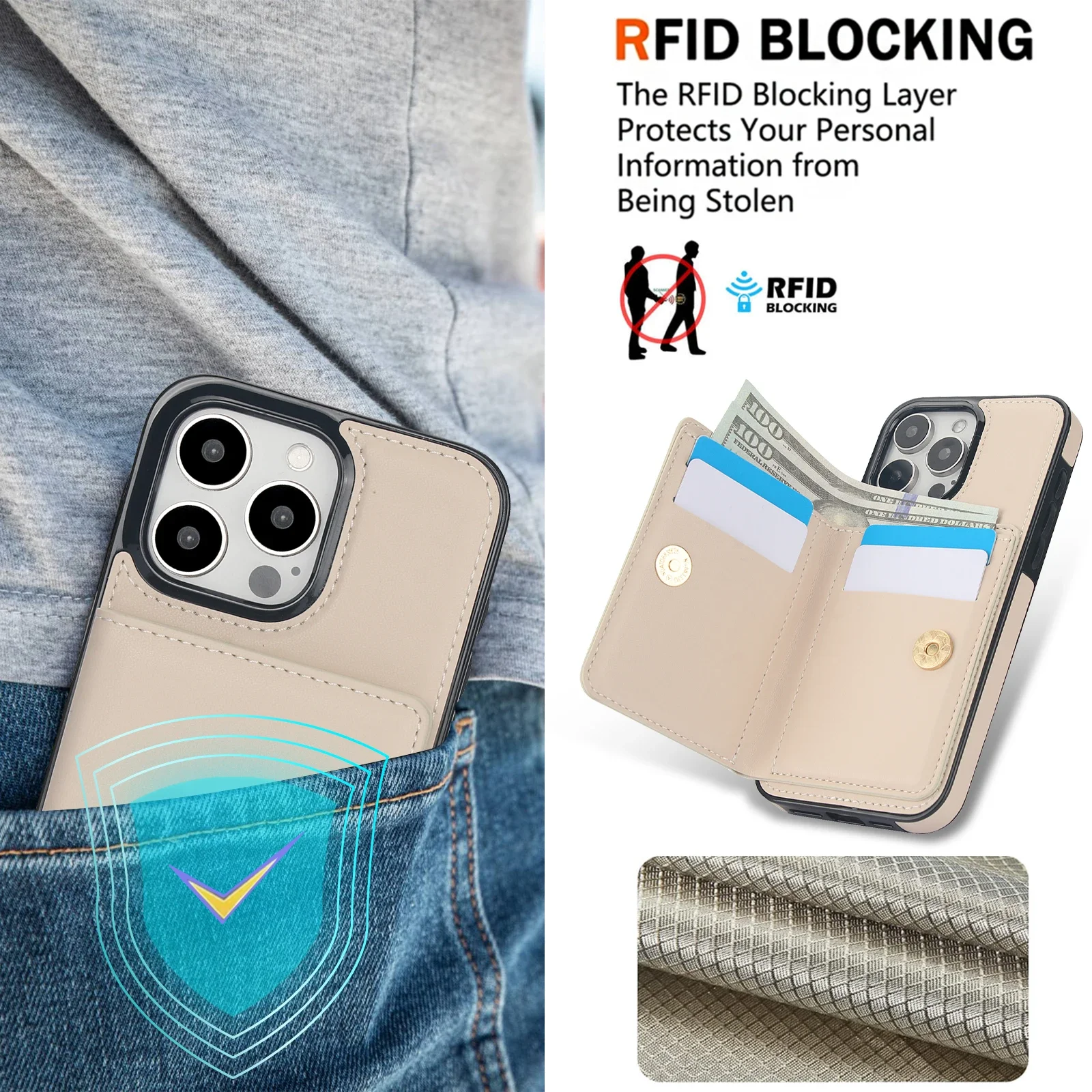 Leather RFID Card Holder Wallet with Ring Stand and Pocket Cover