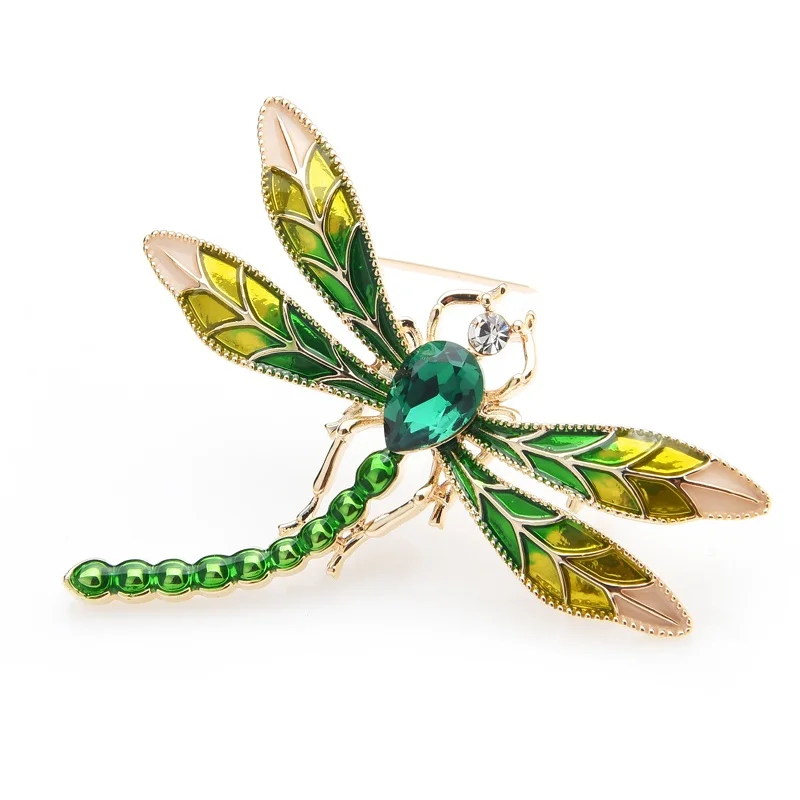 Green Crystal Enamel Dragonfly Brooches For Women And Men Metal