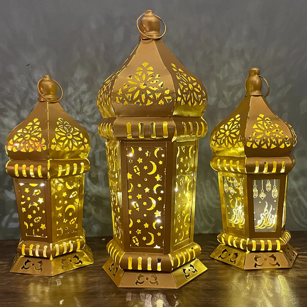 Iron Eid Mubarak Night Light Moroccan Lantern Ramadan Wind Light for Home Eid Mubarak Islamic Muslim Decoration