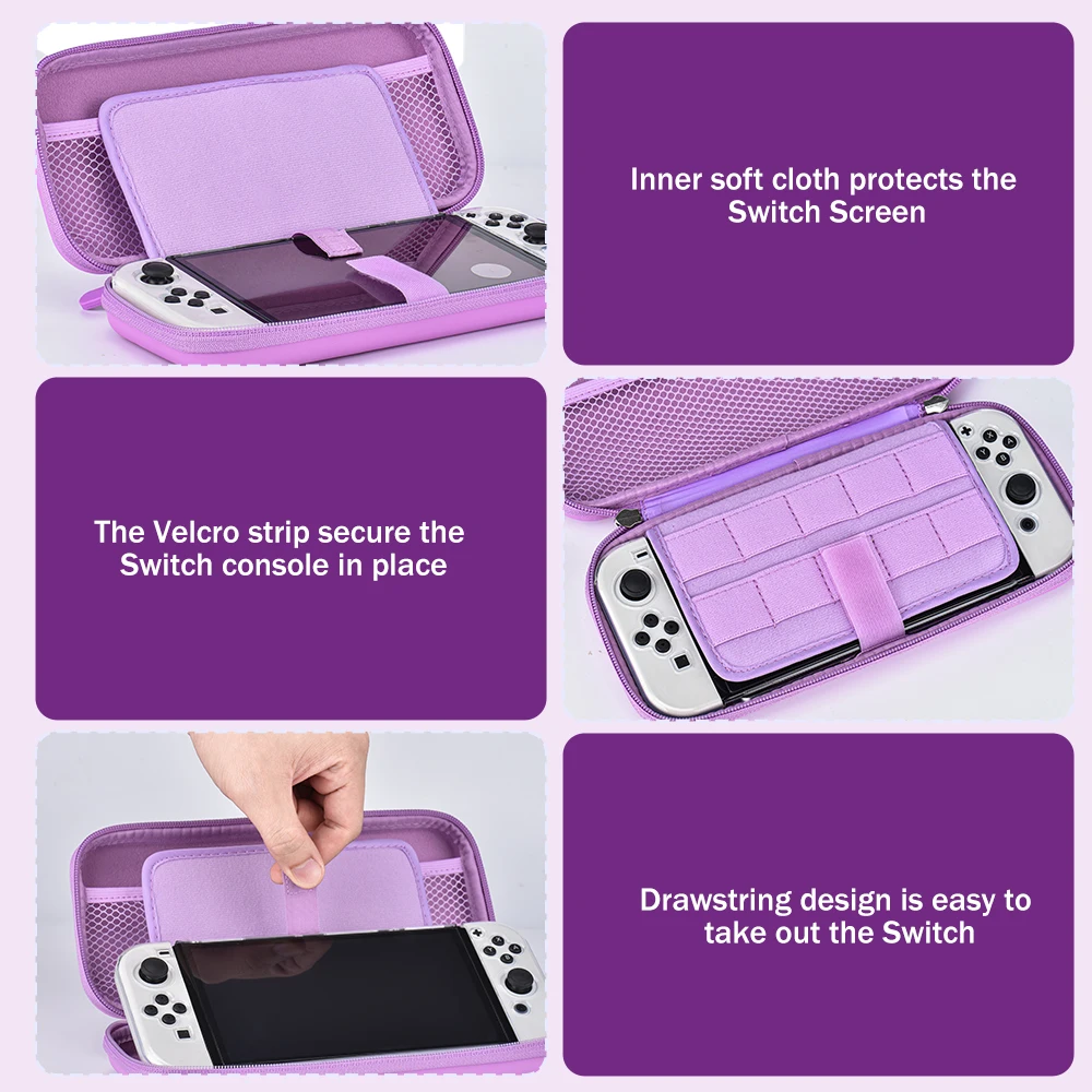 Switch OLED/LITE/NS Aufbewahrungsset, Switch-Koffer und Daumenkappen, tragbare wasserdichte Reisetasche für Switch-Konsole und J-Con (lila) – Detail 8