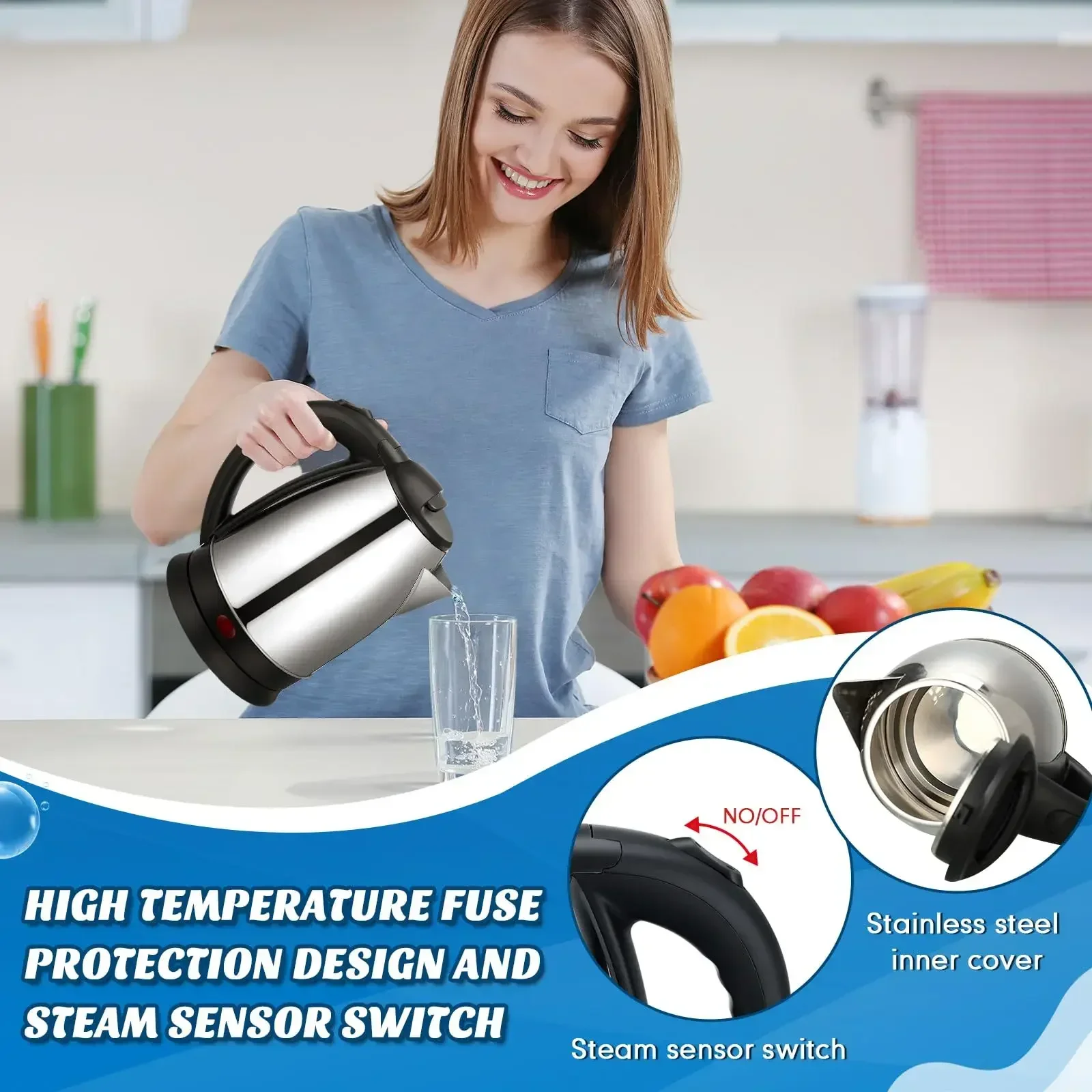 304 Stainless Steel Electric Kettle Portable 2L Coffee Pot Electric Water Heater Teapot 1500W Automatic Power Off Home Electric Kettle