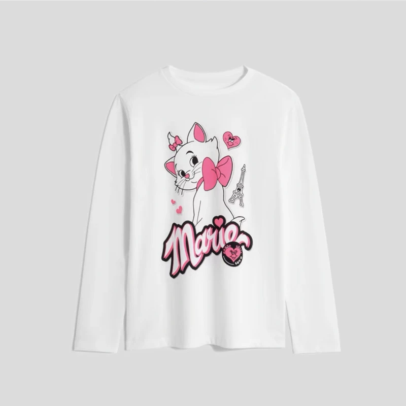 Disney Marie Cat Cute Long Sleeve T Shirts For Girls Clothing Spring Autumn Clothes Crewneck Girl's Blouse Children's Base Shirt 3