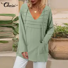 

Celmia Top Fashion 2022 Women Fashion Cotton Solid Pockets Tunic Bandage V Neck Long Sleeve Tops Autumn Casual Vintage Shirts