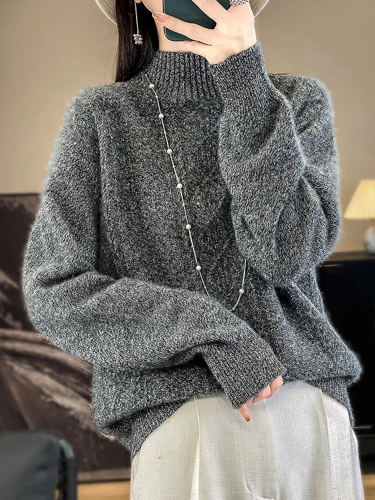 

Women Thick Sweater Autumn Winter 100% Merino Wool Mock Neck Twist Argyle Casual Loose Cashmere Knitwear Korean Fashion Tops