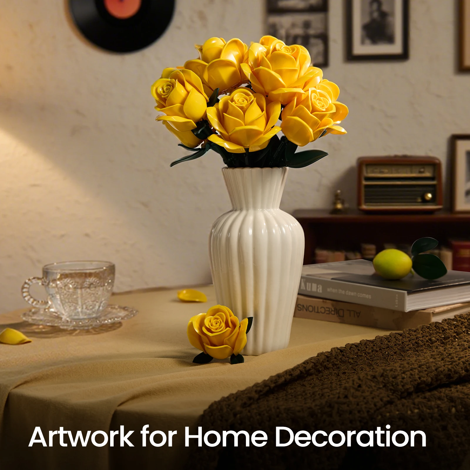 Yellow rose building block bouquet in decorative vase as home artwork