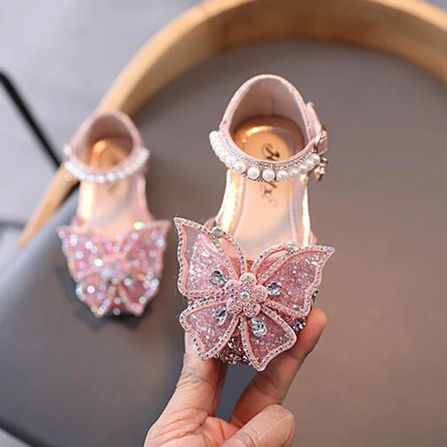 Summer Girls Sandals Fashion Sequins Rhinestone Bow Girls Princess Shoes Baby Girl Shoes Flat Heel Sandals Size 21-35 SHS104 SHS104Pink