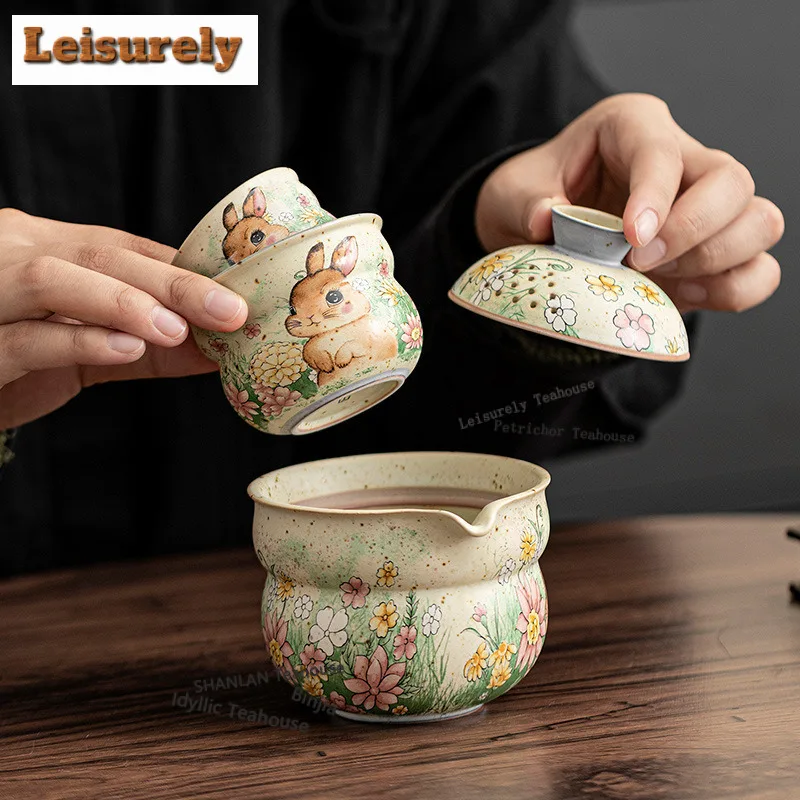 Caramel Glaze Flower-picking Rabbit Gourd Travel Tea Set Kit Retro 1 Pot 2 Cups Tea Maker Organizer Portable Camping Tote Bag