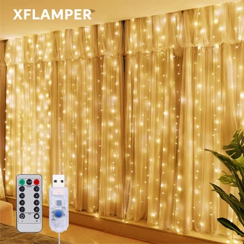 침실용 USB 커튼 라이트, 3M x 3M, 300LED, 따뜻한 흰색, 원격 8 가지 모드, 걸이식 창문, 홈 장식용 요정 조명