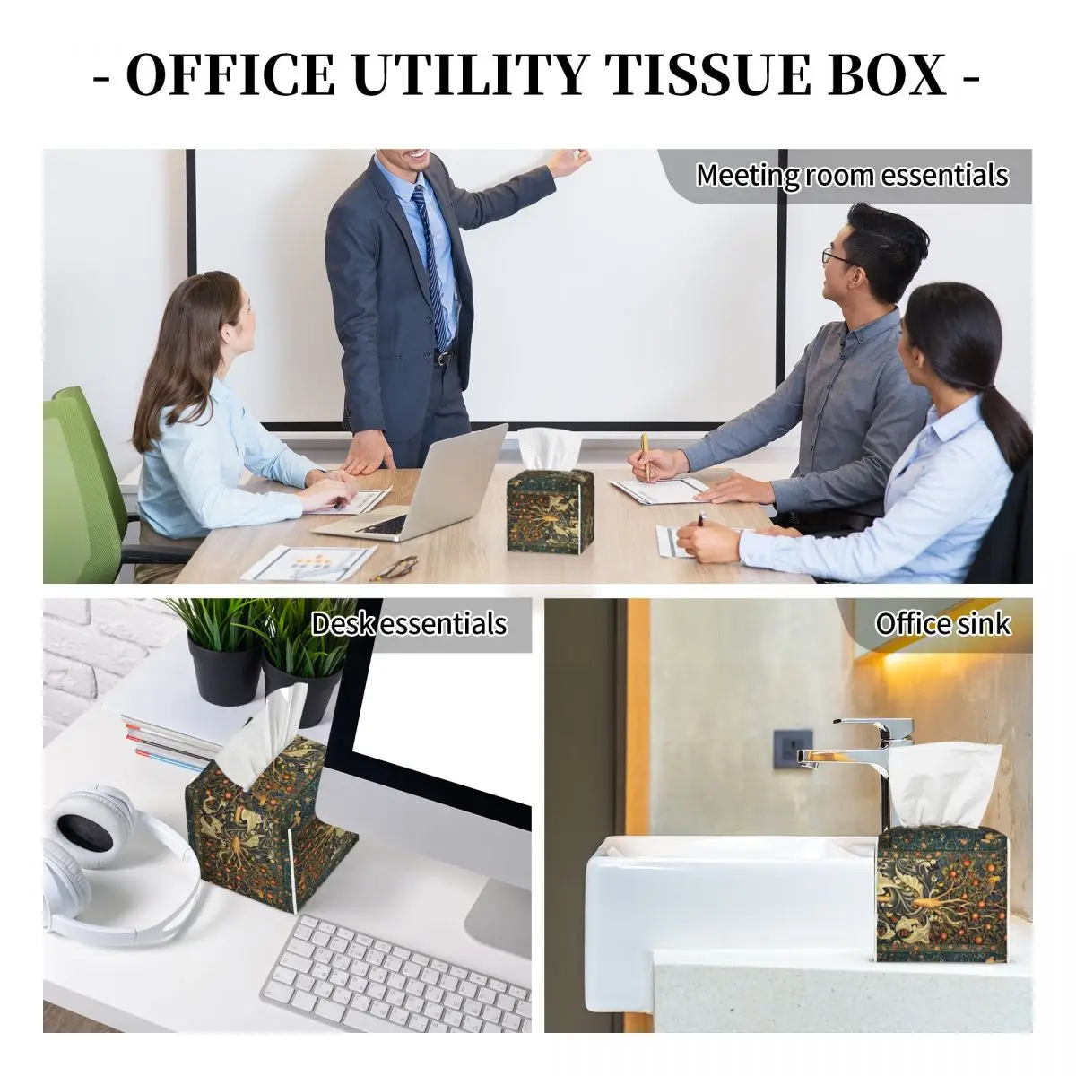 Custom William Morris Woodpecker In Fruit Tree Tissue Box Holder Birds Rabbits Floral PU Leather Facial Tissue Box Cover for Car 6