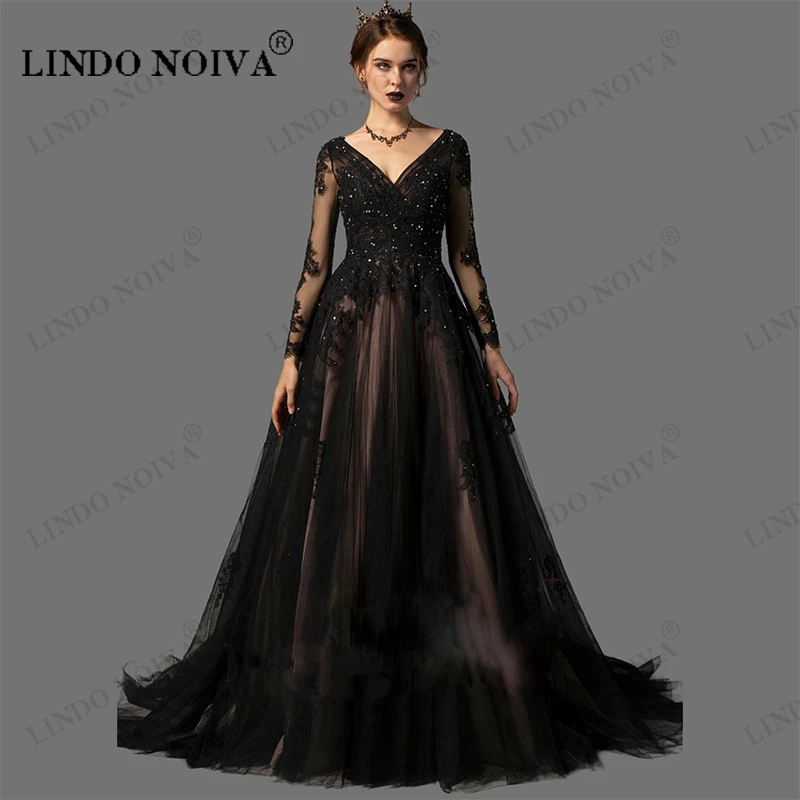 

LINDO NOIVA Sexy Black A-Line Wedding Dresses Lace Long Sleeves Vestidos De Gala Ball Gown Prom Dresses Custom Vestidos De Boda