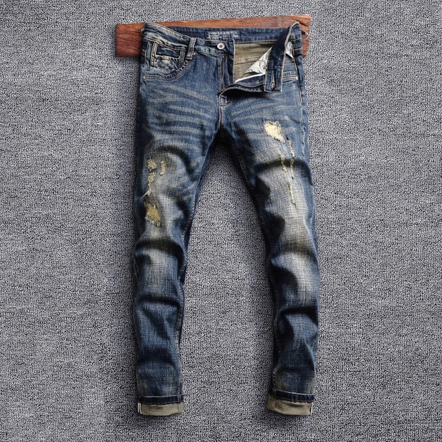 New Men's male badge patches buttons fly slim jeans Trendy light blue holes  ripped distressed denim straight pants trousers - AliExpress