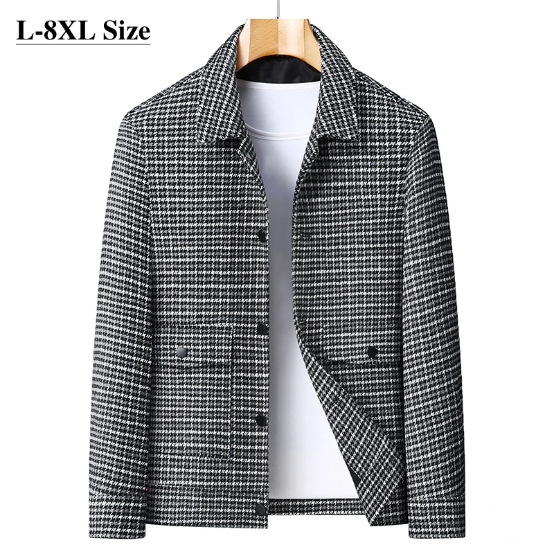 

Autumn Winter Men's Casual Jacket Plus Size Loose Fashion Lapel Houndstooth Brand Coats Black Brown Male Outerwear 6XL 7XL 8XL