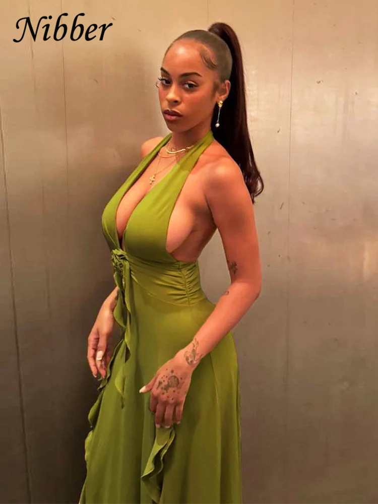 Nibber Appliques Tassel Dress Women Y2K Halter Backless Split Sexy Ruched Elegant Summer Back Ruched Beach Holiday Maxi Bodycon 4