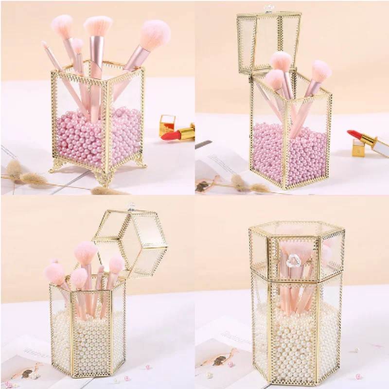 Glass Makeup Brush Box Holder Jewelry Box Pencil Bucket Makeup Organizer Desktop Cosmetic Storage Box Pearls Barrel  ZM827 3