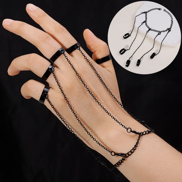 Black Chain Ring Bracelet Set - Adjustable Ring Chain Hand Accessories for Women and Men