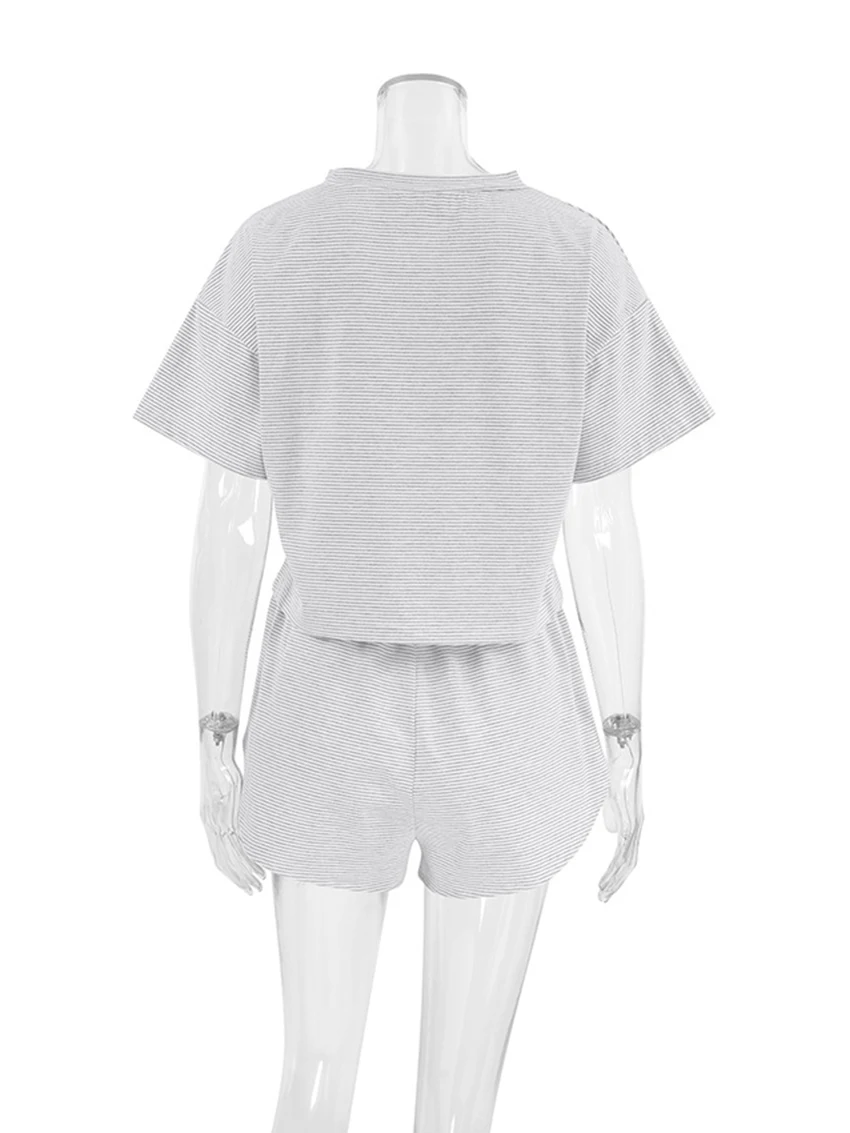 Marthaqiqi Striped Ladies Nightgown Suit O-Neck Sleepwear Crop Top Pajama Short Sleeve Nightwear Shorts Casual Femme Nightie Set
