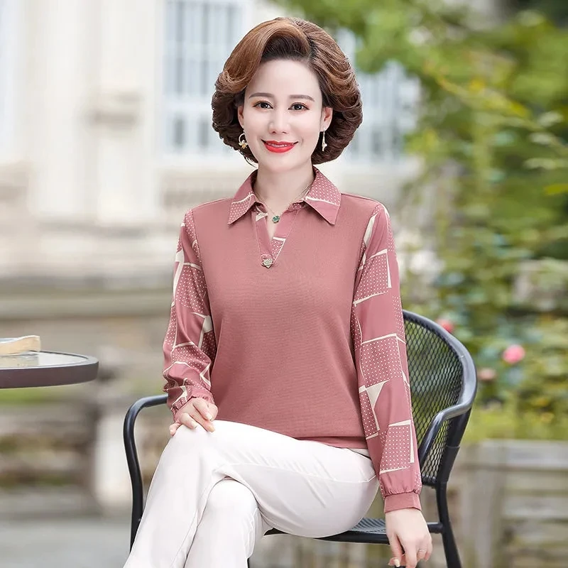 

New Shirts Tops Korean Women Blouses Office Ladies Shirts Elegant V-collar Long Sleeve Middle Age Old Female Tops Blusas 5XL