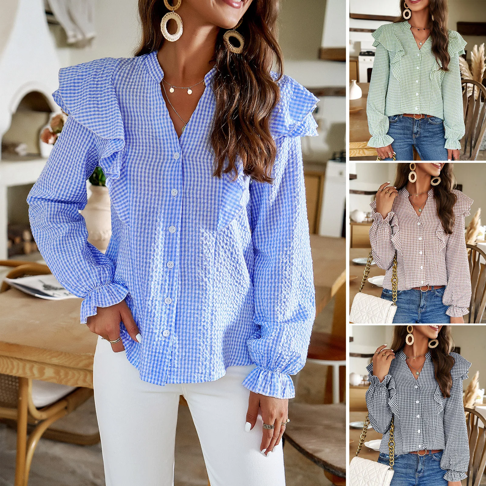 Spring Autumn Striped Blouses Long Sleeve Single-breasted Pocket Women Shirts Tops