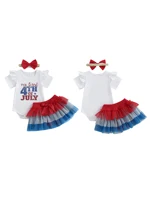 Toddler Girls American Flag Romper Dress Set with Headband