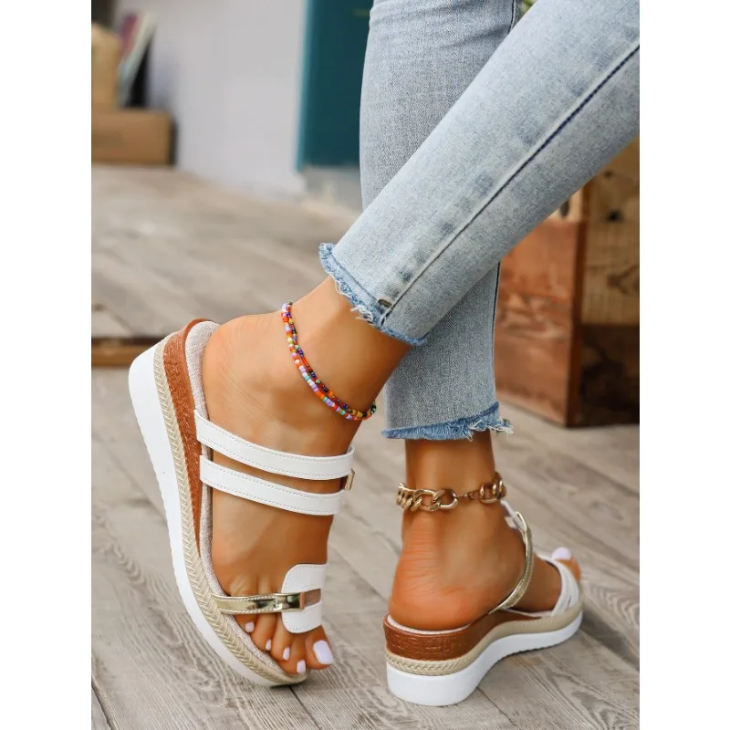 Womens Wedges Sandals Tan Ladies Summer Casual Shiny Leather Thick Bottom Outer Wear Beach Slope Heel Big Swim Sandals Women