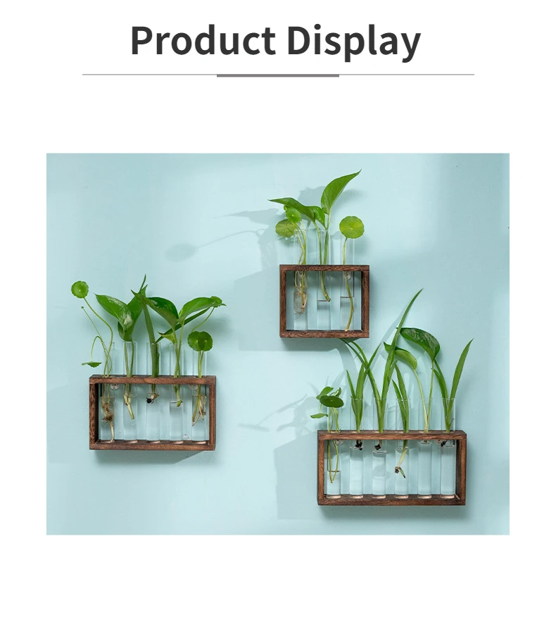 Simple Nordic Test Tube Glass Vase Decoration Creative Wooden Frame Hydroponic Plant Container Home Decoration