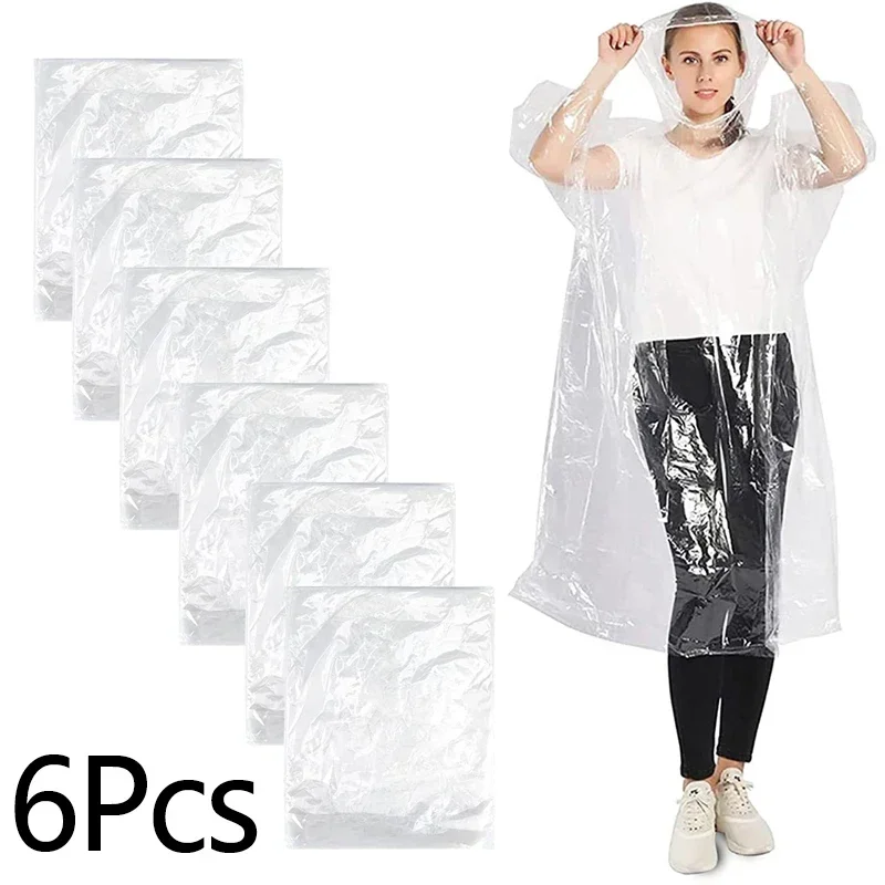 6pcs Clear Adult Raincoat Disposable Emergency Waterproof Rain Coat Travel Camping Rainwear Clothes Covers Hood Rain Poncho
