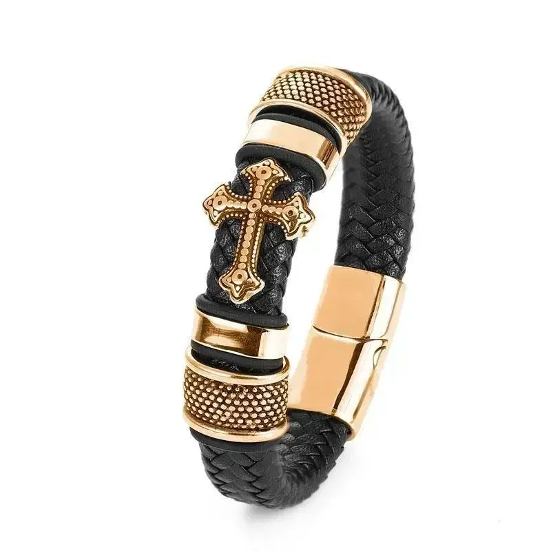 Men Fashion Classic Black Woven Leather Inlaid Cross Magnetic Hidden Safety Buckle Business Casual Bracelet