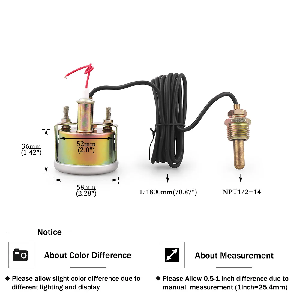 52MM 2인치 기계식 수온계 12V 38-121 ℃ /100-250 ℉ NPT 1/2-14 센서가 있는 수온계 차량용 미터