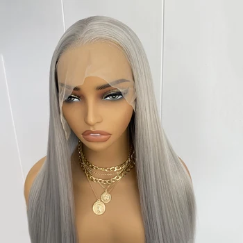 Silver Grey Lace Front Wig Long Silky Straight Synthetic Hair 13X4 Natural Looking Glueless Daily Use Wig Heat Resistant Cosplay