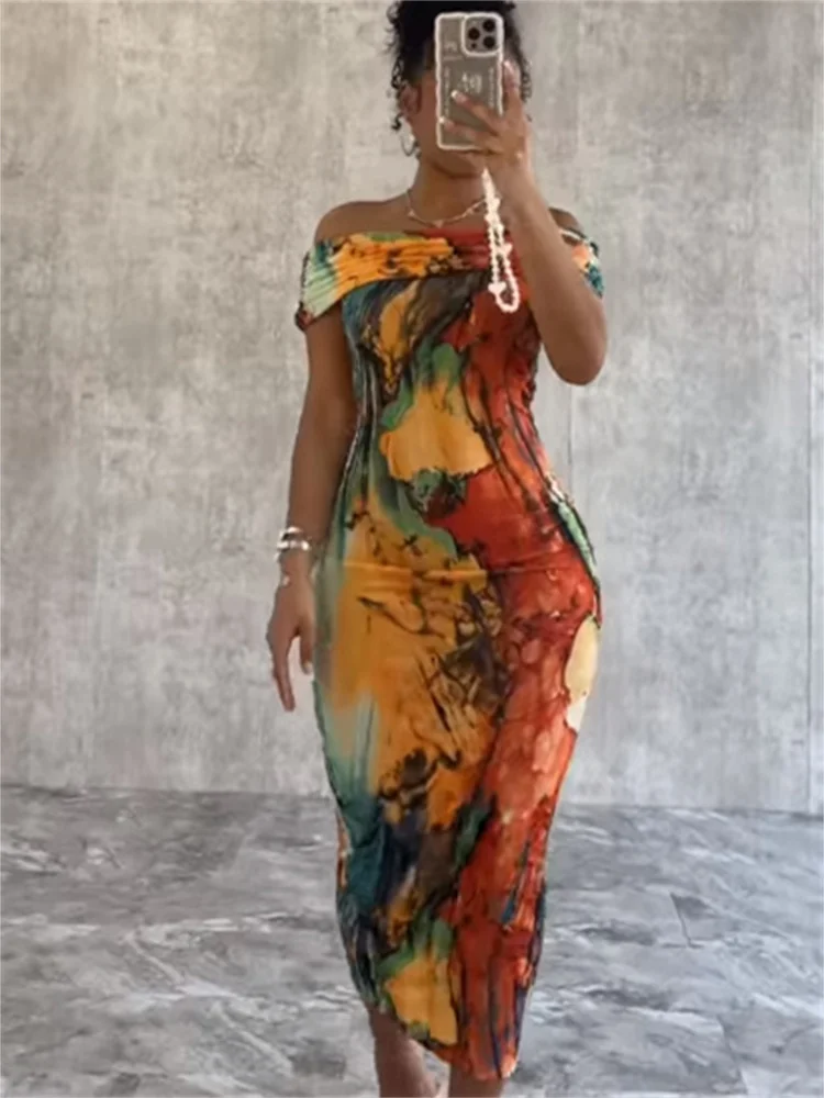 Wmstar Women Dress Fashion Hot Sale Sexy One-shoulder Printed Sleeveless Stretch Vacation Casual Hip Tight Ankle Length Dresses