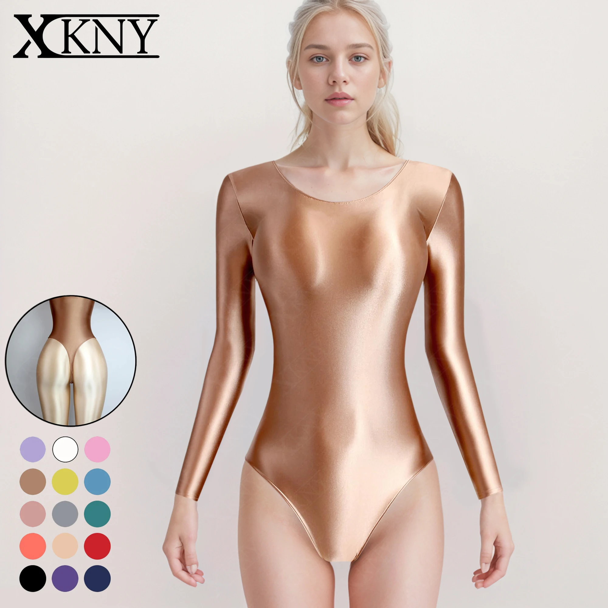 

XCKNY One piece sexy tights oil glossy slip smooth Thongs high fork long sleeve swimsuit Yoga sportswear solid color BODYSUIT