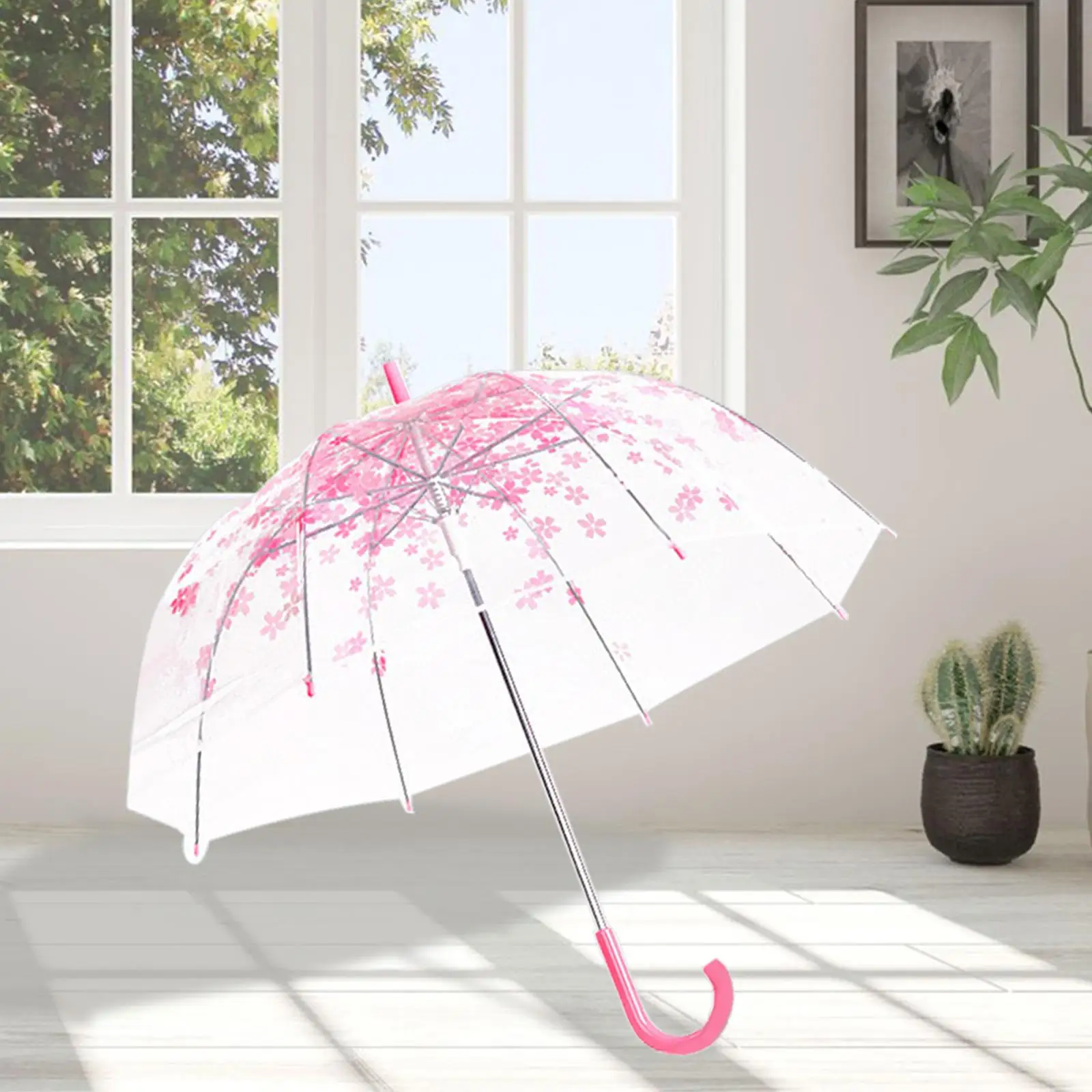 Transparent Umbrella Cherry Blossom Womens Windproof Stick Umbrella