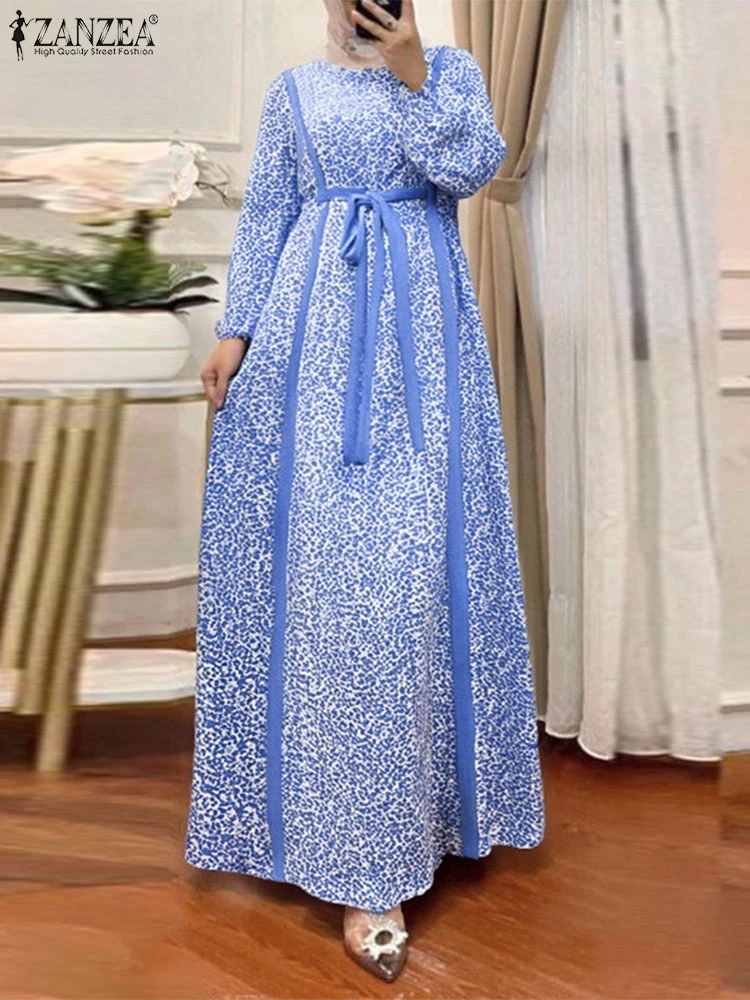 فستان طويل بنقشة ناعمة وربطة خصر – ستايل أنيق يومي