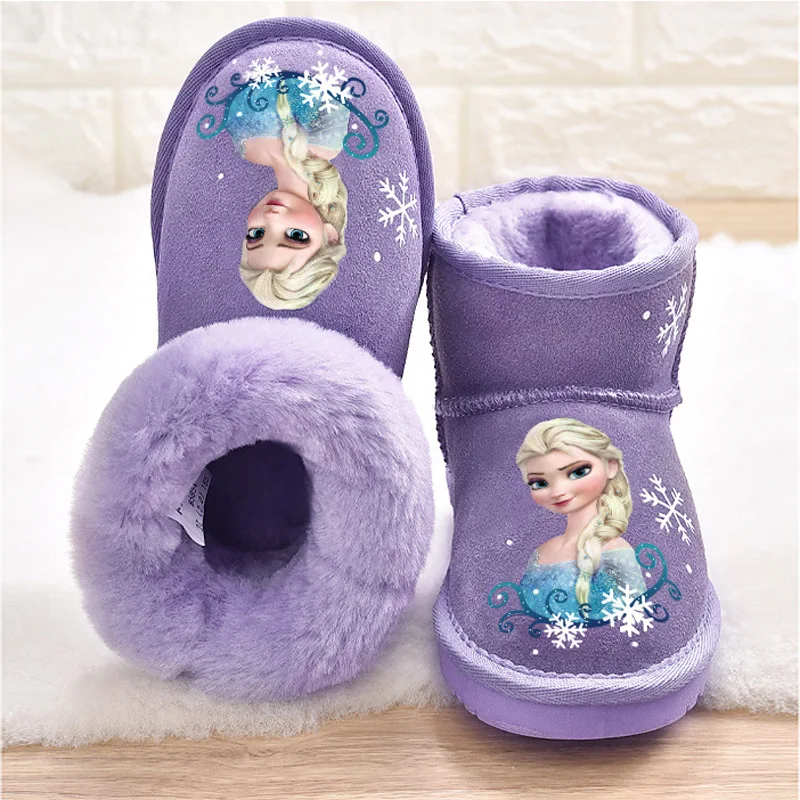 Children Snow Boots  Frozen Princess Cotton Shoes 2024 Winter New Girls Elsa Plus Velvet Warm Ankle Boots Fashion