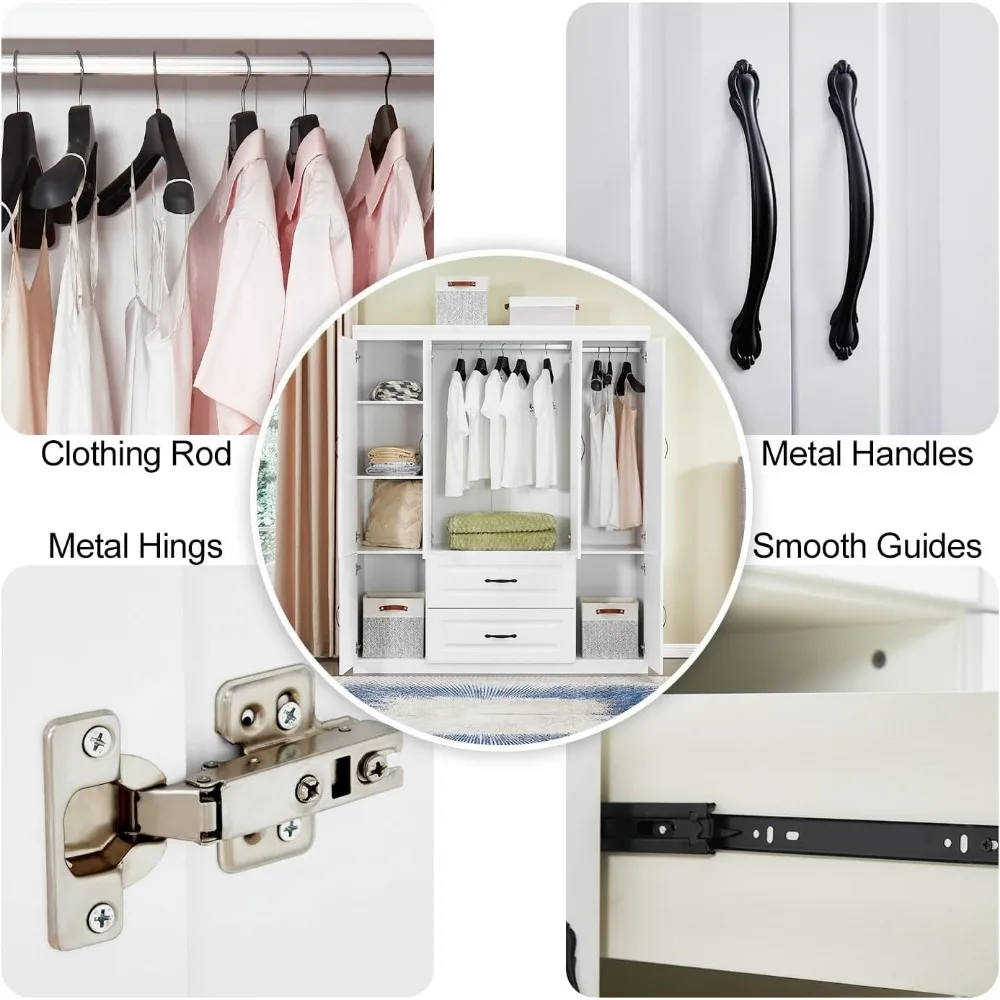71" H Closet with Doors White Wooden Armoire Wardrobe Closet Freestanding Clothes Storage Closet Bedroom Armoires Wood Wardrobe 4