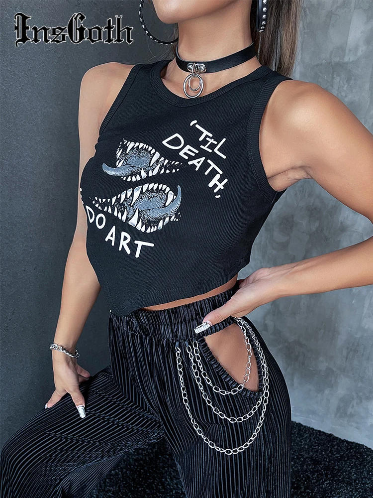 

InsGoth Gothic Letter Print Pattern Tank Tops Women Harajuku Punk Irregular Sharp Corners Crop Tops Y2K Basic Grunge Tops