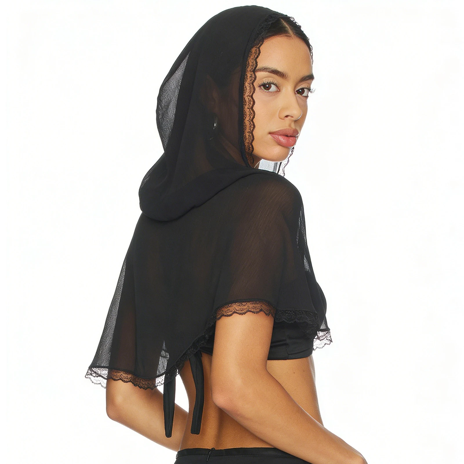 Lamuusaa Women Hooded Poncho Shawl y2k Clothes Lace Trim Off-the-Shoulder Sheer Mesh Flowy Tops Crop Shrug Blouses Cover Ups 3