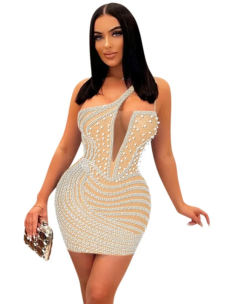 

Asymmetrical Inclined Shoulder Rhinestone Short Prom Dress Sleeveless Party Diamond Mini Dresses Women Evening Sexy Club Outfits