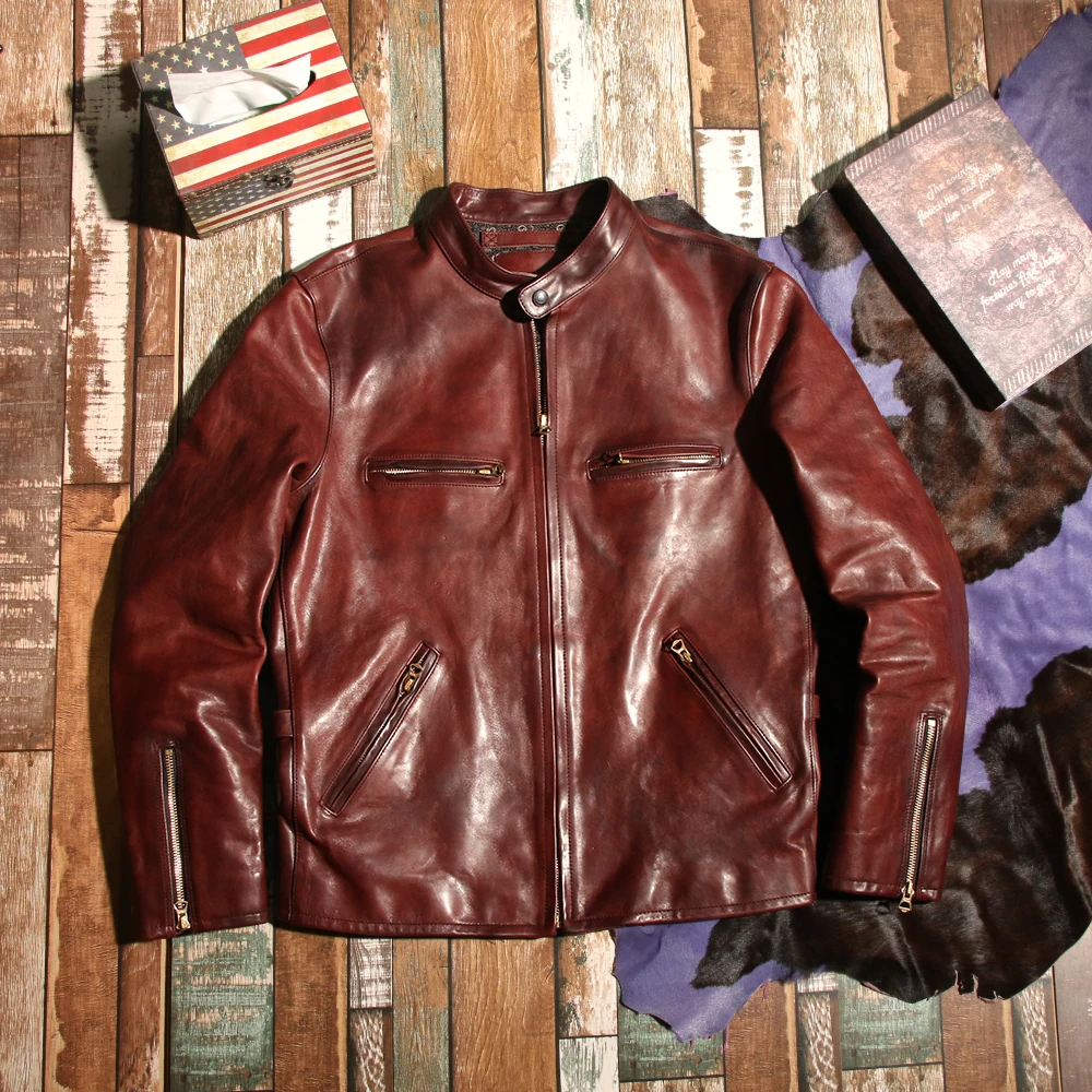 

YR!Free shipping.2023 brand quality genuine leather jacket.Classic style J100 Rider horsehide coat.vintage brown leather cloes