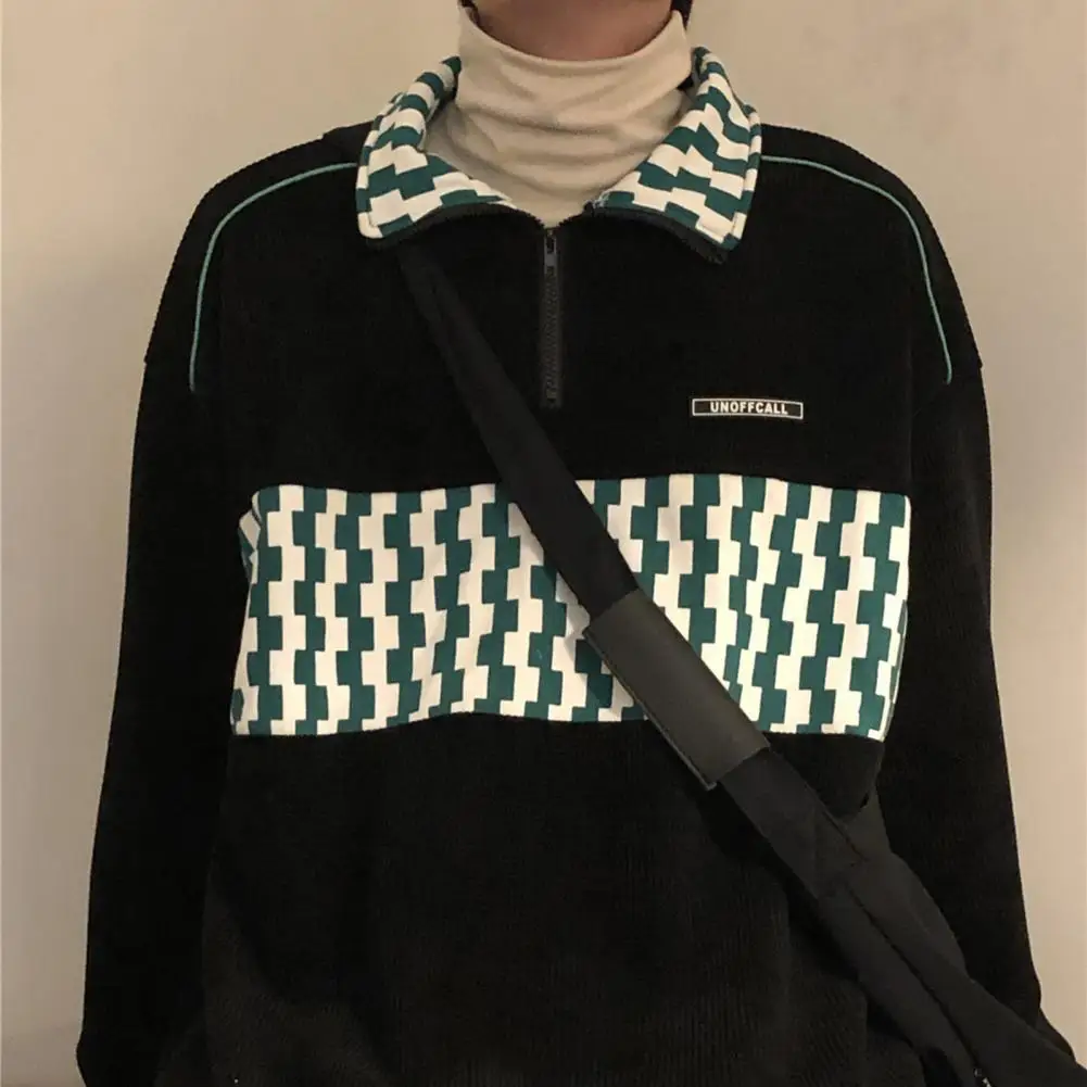 Description Picture 6 of itemFall Spring Men Sweatshirt Retro Zipper Stand Collar Long Sleeve Men Pullover Color Matching Checkerboard Elastic Cuff Men Top