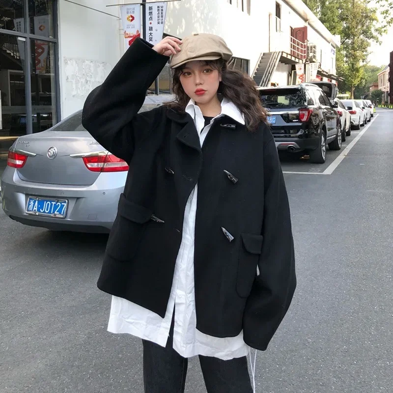 

Women's Ox Horn Button Kawaii Thick Wool Coats Short Autumn Winter Cute Overcoat New Korean Red Lapel Elegant Loose Woolen Coat