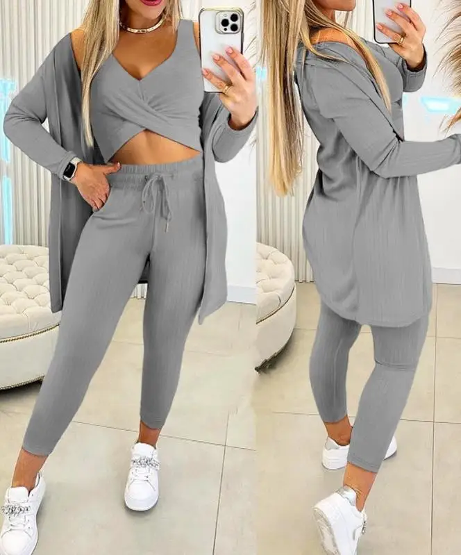 

Женский Повседневный комплект из 3 предметов, простой однотонный укороченный топ в рубчик с перекрещивающимися поперечками и брюки на шнуровке, комплект с пальто, весна-лето 2024