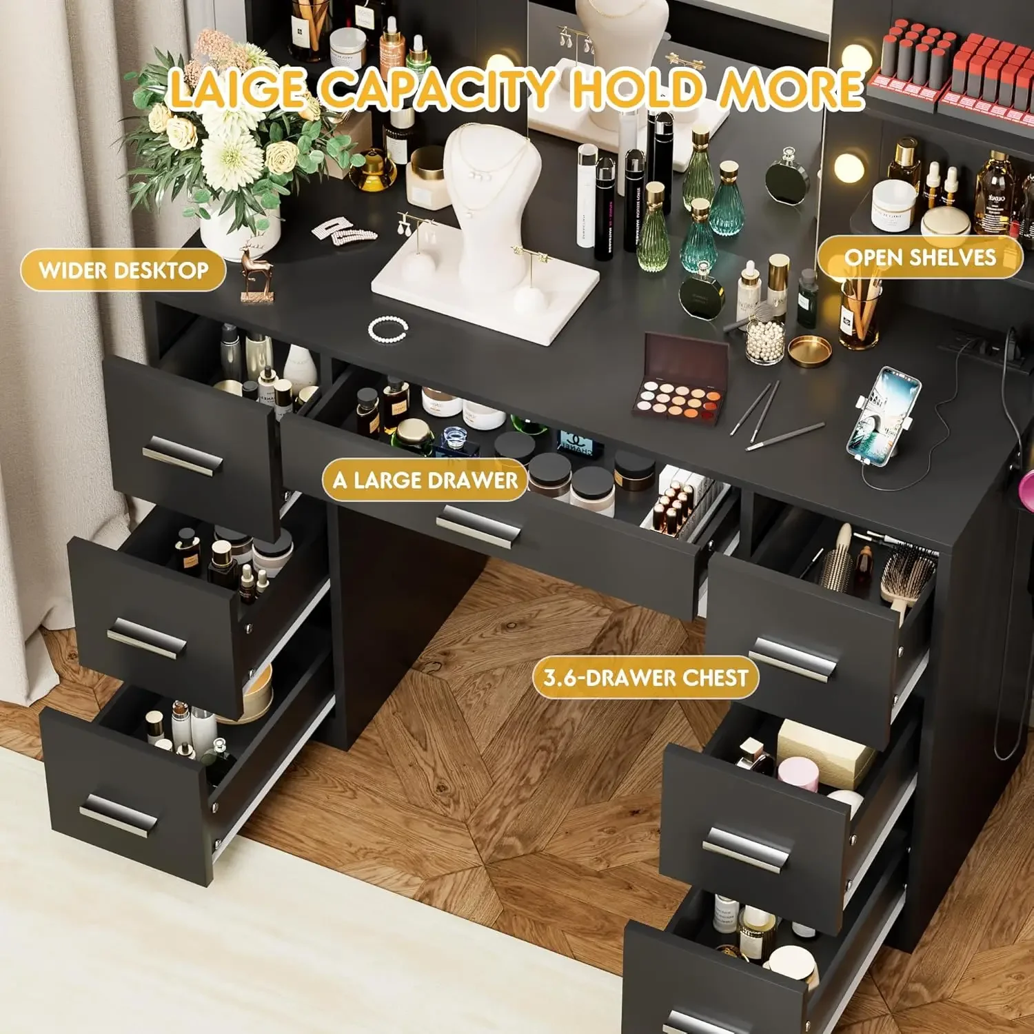 Vanity Desk with LED Lighted Mirror&Power Outlet, 3 Model Lights Makeup Vanity Table with 7 Drawers and 6 Storage Shelves 4